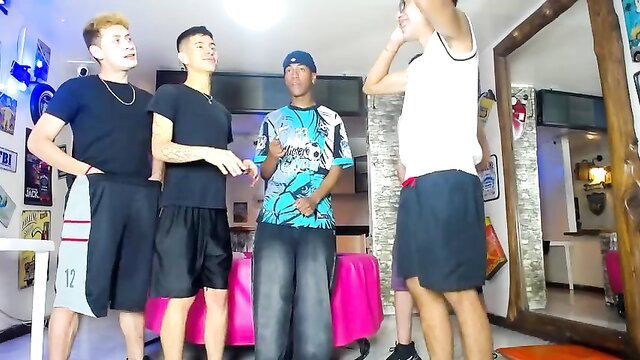 Hot Latin camboy twins group posing sexy in shorts