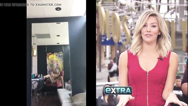 Blonde bombshell Charissa Thompson in tight red dress on Extra set