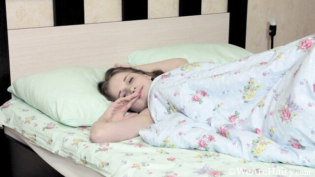 Alice Bright awakens smiling in bed, pretty teen ready to play naked