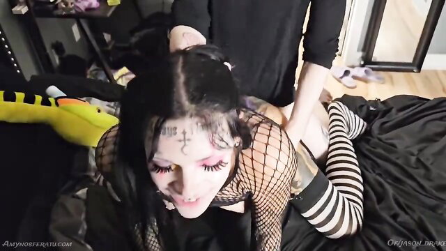 Trans clown angel in fishnets and stripes fucked doggy in the booty