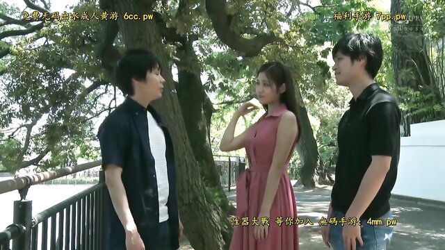 Nao Jinguji flirty threesome chat in pink dress outdoors JAV