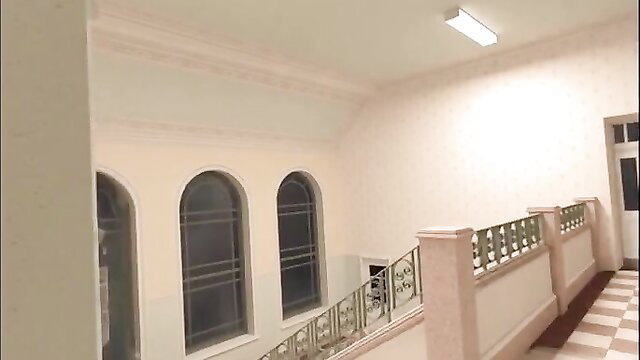 Pencil Girl Saki in elegant arched hallway staircase