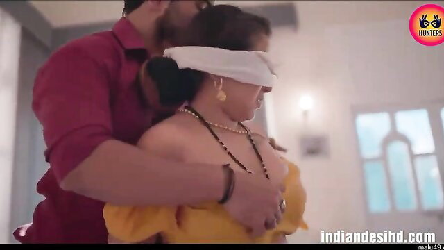 Blindfolded Indian MILF in yellow saree groped by man in ULLU web series