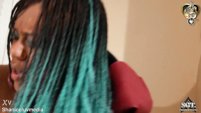 Tempting black cougar with teal braids in rough sex tease