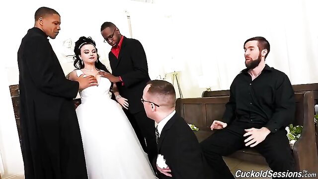Bride in white dress groped by black men in cuckold wedding threesome