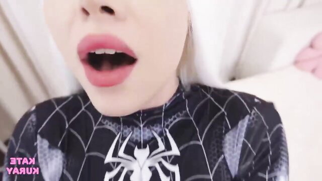 Kate Kuray as Spider Girl opens mouth in hot cosplay tease