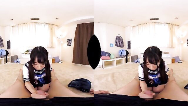 Japanese schoolgirl in VR POV spreads legs wide on bed in sailor uniform