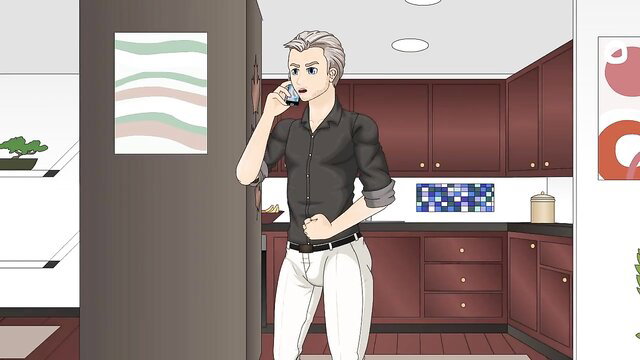 Blond man in tight white pants on phone in kitchen