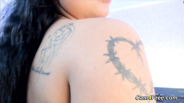 Big tits Asian babe with barbed heart tattoo moans sucking dildo