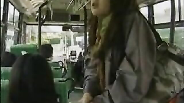 Japanese lesbians on bus in censored JAV, fingering tease