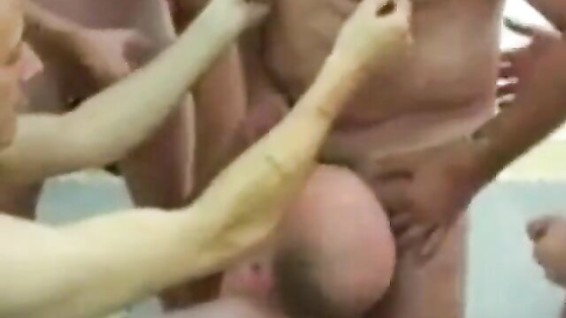 Bald older daddy groped by multiple women in wild group sex