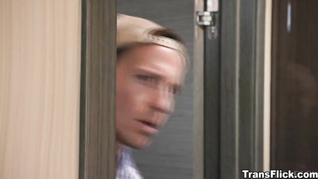 Leah Hayes peeking from door in cap, deepthroat preview