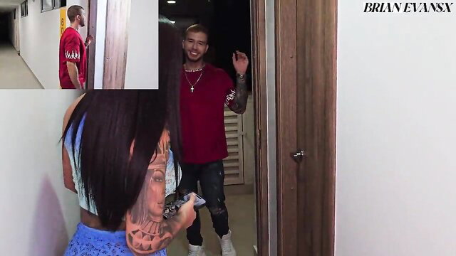 Mariana Martix seduces tattooed Brian Evansx at door in tight blue dress