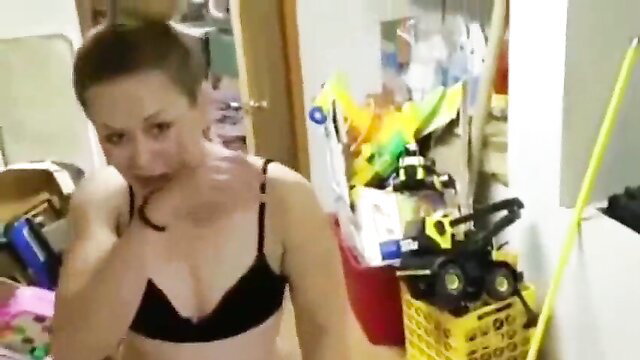 Amateur white wife in black bra, shaved head, nervous expression first BBC cuckold