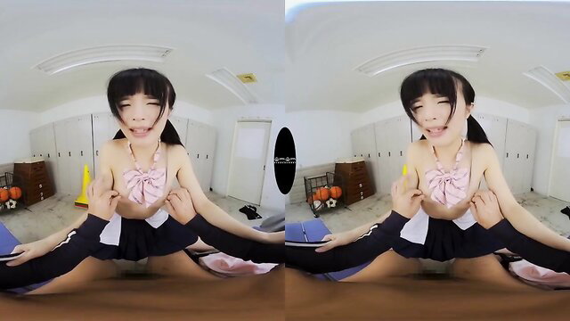 Horny Asian teen in pink lingerie spreads legs in VR POV sex