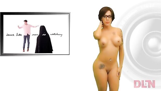 Nude brunette with glasses dances topless on DLN TV, explicit pussy view