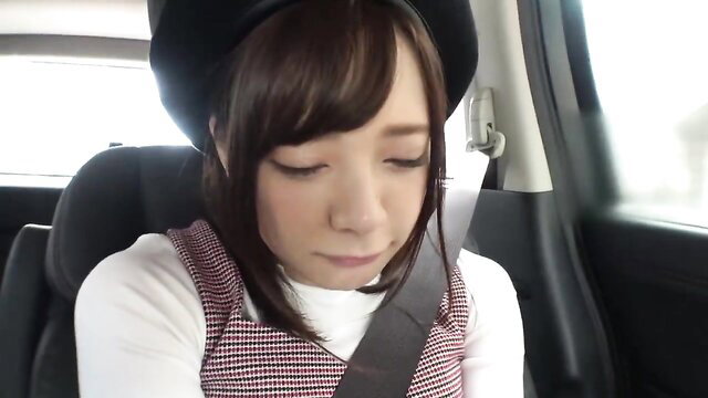 Cute Japanese JAV girl in car, beret, schoolgirl top, shy expression