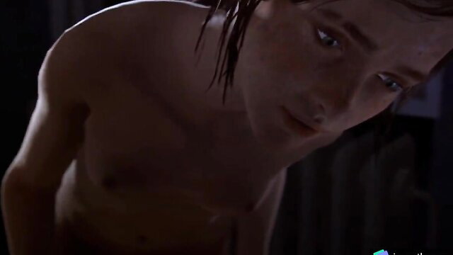 3D animated twink boy nude with dreads, intense gaze in dim light