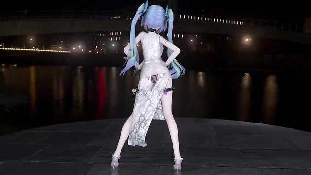 Hatsune Miku MMD Night Kiss: Sexy back view in sheer dress & stockings