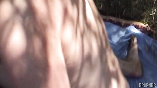 Redhead outdoor sex on blanket with muscular guy, phat ass up