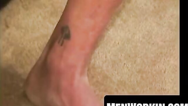 Aged white stud's leg with palm tree tattoo, solo masturbation tease