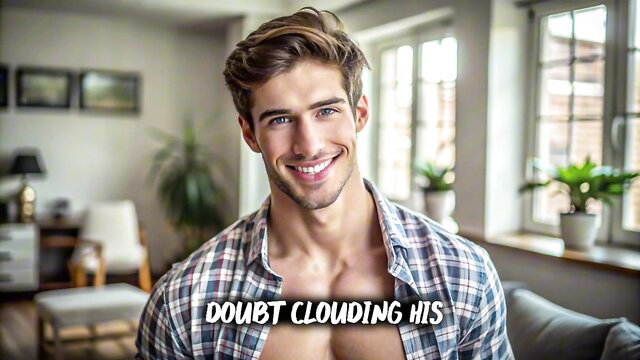 Handsome muscular white guy with tousled brown hair smiling in open plaid shirt