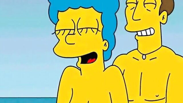 MILF Marge Simpson cheating with nude buff guy, topless blue hair beach tease