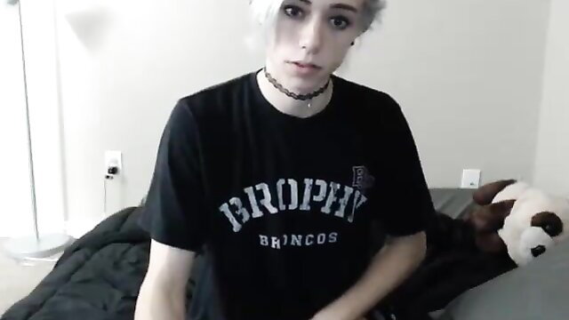 Ecchievement white-haired twink in Brophy Broncos shirt, choker necklace