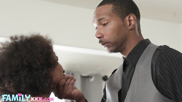 Alina Ali kneels as ebony stepdaughter for black daddy in FamilyXXX