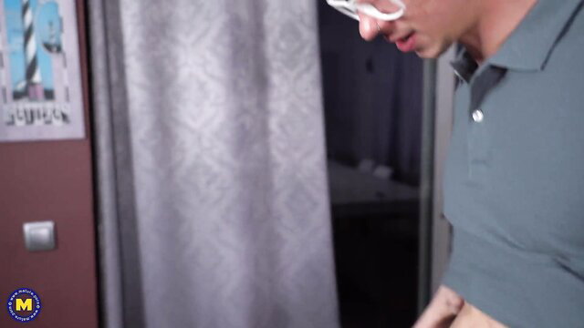 Tommy Cabrio in polo shirt by shower in hot mature lingerie scene