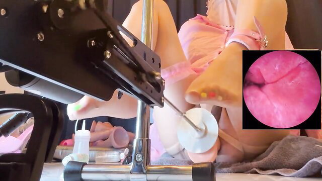 Pink-haired Asian girl machine-fucked in ass closeup, HD solo toy play
