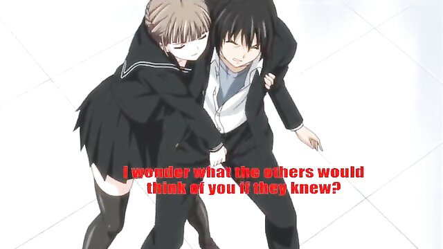 Anime hentai couple embrace, schoolgirl hugs suited guy intimately