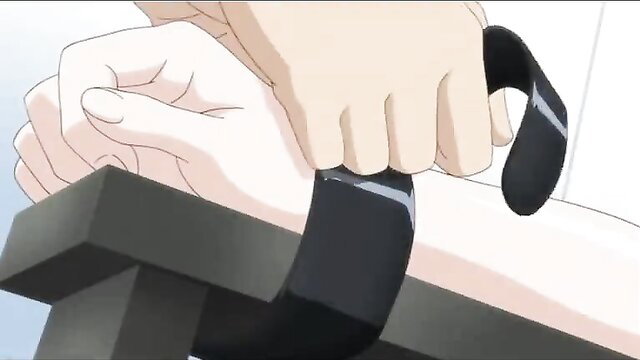 Anime girl restrained with black cuffs on bench in Euphoria ep 2
