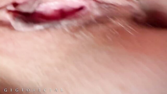 Extreme close-up of 19yo teen's wet shaved pussy lips during first time fuck