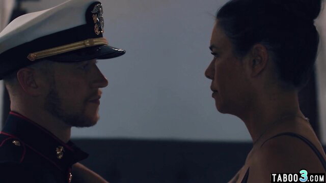 Marine stepson faces Asian MILF stepmom in uniform hat