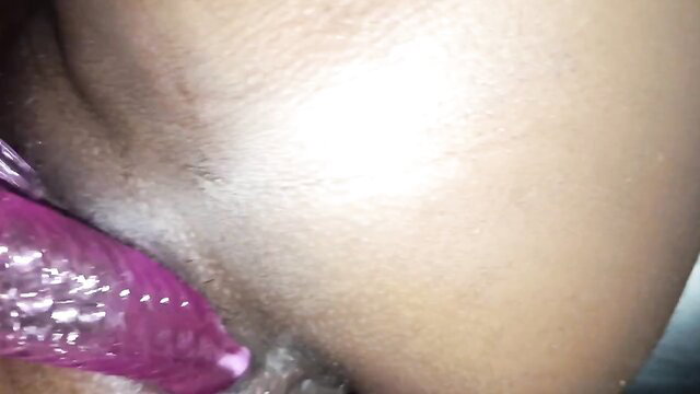 MILF double anal penetration with huge purple dildo closeup