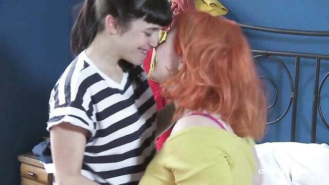 Lulu and Rose hot lesbian kiss, young brunette and redhead teen girls