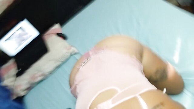 Hot Latina secretary twerking big ass in pink lingerie on bed