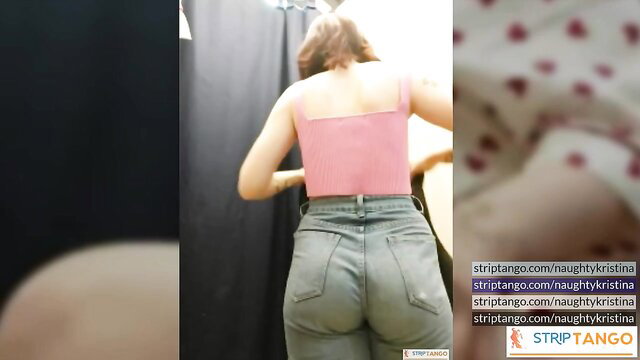 Natty Kristina in pink top tight jeans big ass bending over striptease