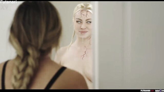 Cherry Kiss nude in mirror, blonde braid, big tits, Parasited hentai