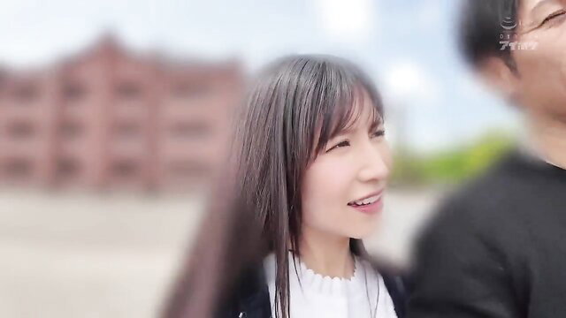 Asian JAV couple smiling outdoors, girl in school uniform with long black hair