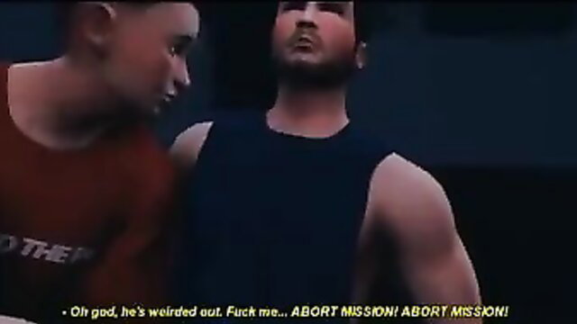 Muscular Asian men in tank tops arguing intensely in GTA-style cartoon porn thumbnail