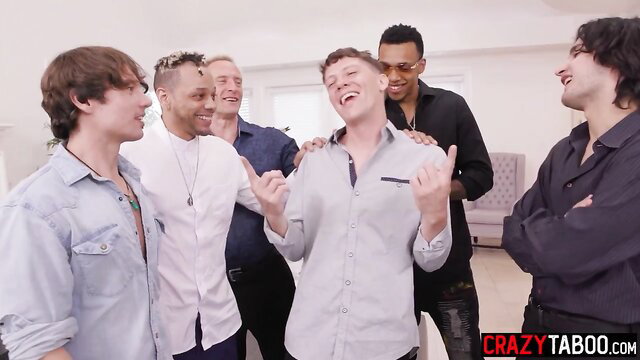 Six hot guys including Latino pose excitedly for Latin girlfriend gangbang