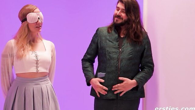 Blindfolded blonde Maria in dating show with bearded man Ersties TV
