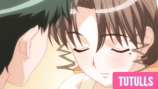 Anime stepmom with short brown hair eyes closed smiling intimately with man