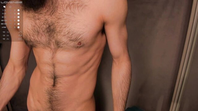 Hairy athletic bearded guy nude side profile flexing abs