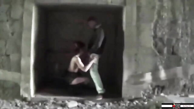 Outdoor public sex trailer: guy fucks bendy brunette side piece doggy style