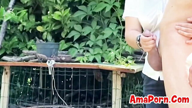 Amateur outdoor sex with woman bent over, man pulling panties aside