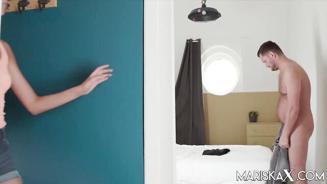 Rebecca Volpetti teases in skirt with nude man Mariskax