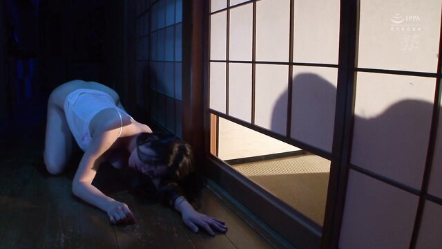 Japanese stepmom in white lingerie kneels submissively on floor